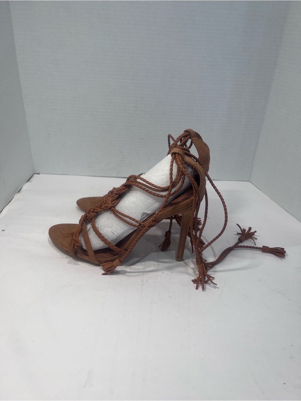 Izabella Rue Tan Braided Lace-Up High Heel Sandals